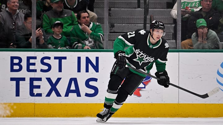 Jan 4, 2026; Dallas, Texas, USA; Dallas Stars left wing Jason Robertson (21) skates against the Montreal Canadiens during the third period at the American Airlines Center. Mandatory Credit: Jerome Miron-Imagn Images