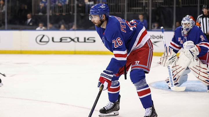Sep 22, 2026; New York, New York, USA; New York Rangers defenseman Marcus Pettersson (26) prepares for a faceoff in the first period against the New York Islanders at Madison Square Garden. Mandatory Credit: Wendell Cruz-Imagn Images Sep 22, 2026; New York, New York, USA; New York Rangers defenseman Marcus Pettersson (26) prepares for a faceoff in the first period against the New York Islanders at Madison Square Garden. Mandatory Credit: Wendell Cruz-Imagn Images
