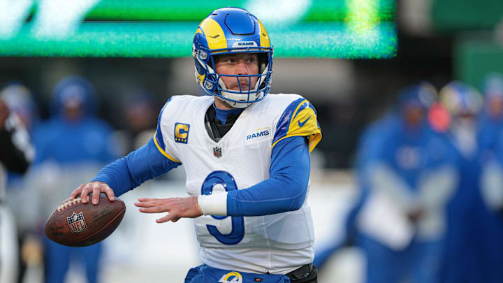 Dec 22, 2024; East Rutherford, New Jersey, USA; Los Angeles Rams quarterback Matthew Stafford (9) throws the ball during the second half against the New York Jets at MetLife Stadium.