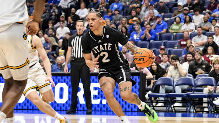 Mar 13, 2025; Nashville, TN, USA; Mississippi State Bulldogs guard Riley Kugel (2) dribbles the ball against the Missouri Tigers during the second half at Bridgestone Arena. Mandatory Credit: Steve Roberts-Imagn Images Mar 13, 2025; Nashville, TN, USA; Mississippi State Bulldogs guard Riley Kugel (2) dribbles the ball against the Missouri Tigers during the second half at Bridgestone Arena. Mandatory Credit: Steve Roberts-Imagn Images