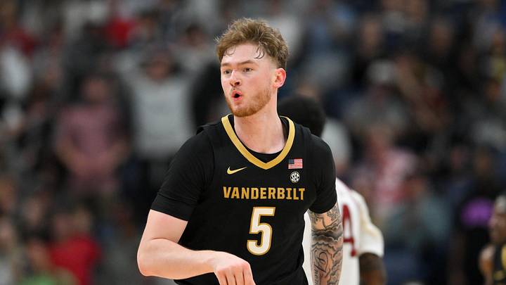 Mar 15, 2026; Nashville, TN, USA; Vanderbilt Commodores forward Tyler Nickel (5) reacts after a play against the Arkansas Razorbacks in the first half during the men's SEC Conference Tournament Championship at Bridgestone Arena. Mandatory Credit: Steve Roberts-Imagn Images