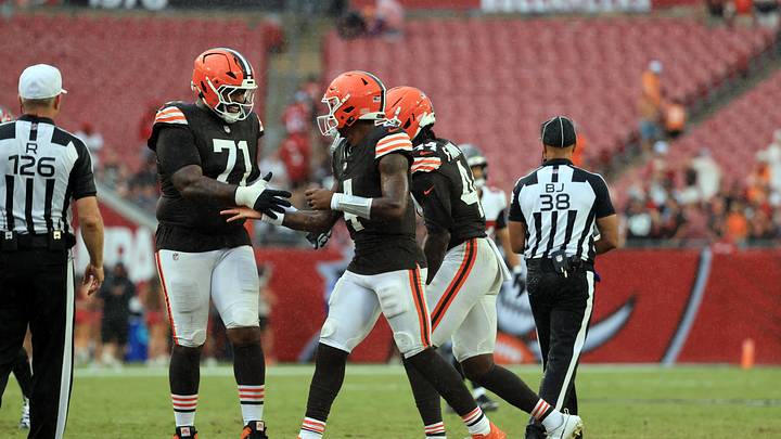 Sep 20, 2026; Tampa, Florida, USA; Cleveland Browns quarterback Deshaun Watson (4) and offensive tackle Tytus Howard (71) celebrate as they beat the Tampa Bay Buccaneers during the second half at Raymond James Stadium. Mandatory Credit: Kim Klement Neitzel-Imagn Images Sep 20, 2026; Tampa, Florida, USA; Cleveland Browns quarterback Deshaun Watson (4) and offensive tackle Tytus Howard (71) celebrate as they beat the Tampa Bay Buccaneers during the second half at Raymond James Stadium. Mandatory Credit: Kim Klement Neitzel-Imagn Images