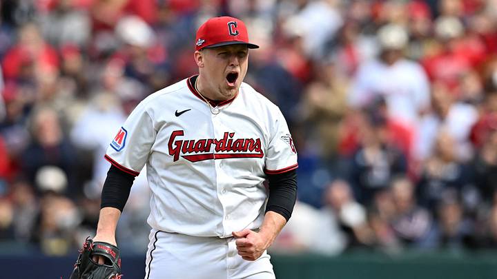 Oct 3, 2026; Cleveland, Ohio, USA;  Cleveland Guardians pitcher Parker Messick (77) reacts after a strikeout to end the inning during the first inning against the Chicago White Sox in game one of the ALDS for the 2026 MLB Playoffs at Progressive Field.  Mandatory Credit: Ken Blaze-Imagn Images