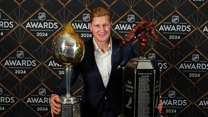 Jun 27, 2024; Las Vegas, Nevada, USA; Nathan MacKinnon was awarded the Hart Trophy and the Ted Lindsay Award during the 2024 NHL Awards at Fontainebleau Las Vegas. Mandatory Credit: Stephen R. Sylvanie-Imagn Images