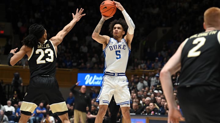 Feb 12, 2024; Durham, North Carolina, USA;  Duke Blue Devils guard Tyrese Proctor (5) shoots over
