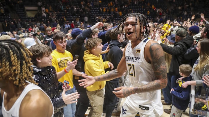 Jan 20, 2024; Morgantown, West Virginia, USA; West Virginia Mountaineers guard RaeQuan Battle (21)