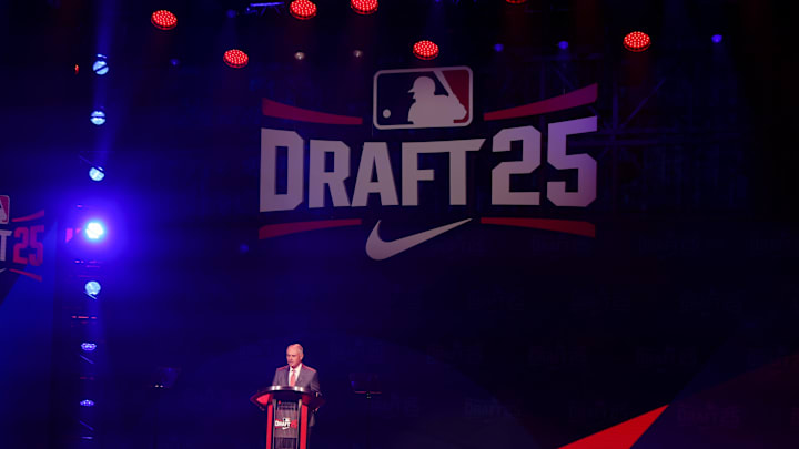 Jul 13, 2025; Atlanta, GA, USA; MLB Commissioner Rob Manfred opens the MLB Draft at The Coca-Cola Roxy. Mandatory Credit: Brett Davis-Imagn Images