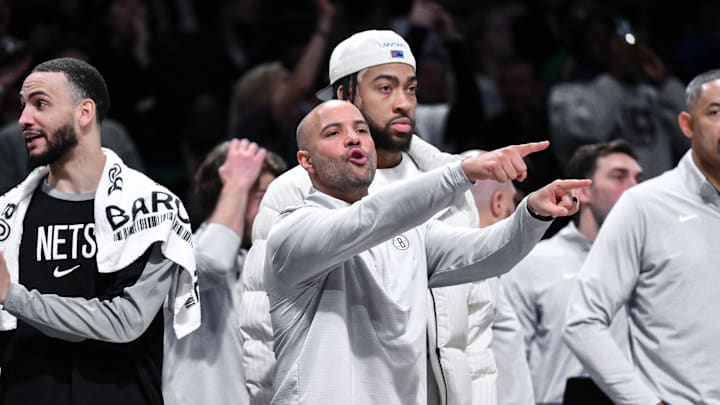Mar 15, 2025; Brooklyn, New York, USA; Brooklyn Nets head coach Jordi Fernandez reacts during the second half against the Boston Celtics at Barclays Center. Mandatory Credit: John Jones-Imagn Images
