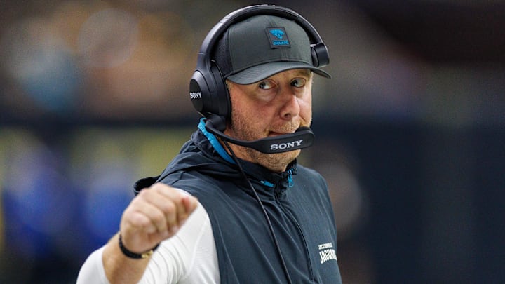 Aug 17, 2025; New Orleans, Louisiana, USA;  Jacksonville Jaguars head coach Liam Coen looks on against the New Orleans Saints during the first half at Caesars Superdome. Mandatory Credit: Stephen Lew-Imagn Images