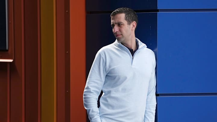 Feb 11, 2026; Port St. Lucie, FL, USA; David Stearns, Mets President of Baseball Operations, watches pitchers warm-up during spring training. Mandatory Credit: Jim Rassol-Imagn Images