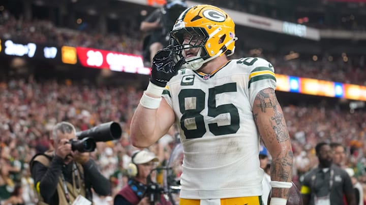 Green Bay Packers tight end Tucker Kraft (85) celebrates his touchdown catch against the Arizona Cardinals at State Farm Stadium in Glendale on Oct. 19, 2025.