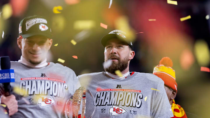 Jan 26, 2025; Kansas City, MO, USA; Confetti falls as Kansas City Chiefs tight end Travis Kelce (right) celebrates with quarterback Patrick Mahomes after defeating the Buffalo Bills during the AFC Championship game at GEHA Field at Arrowhead Stadium. Mandatory Credit: Mark J. Rebilas-Imagn Images Jan 26, 2025; Kansas City, MO, USA; Confetti falls as Kansas City Chiefs tight end Travis Kelce (right) celebrates with quarterback Patrick Mahomes after defeating the Buffalo Bills during the AFC Championship game at GEHA Field at Arrowhead Stadium. Mandatory Credit: Mark J. Rebilas-Imagn Images