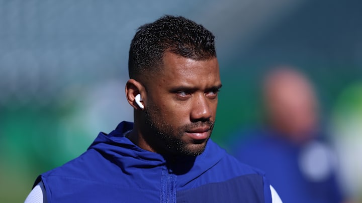 Oct 26, 2025; Philadelphia, Pennsylvania, USA; New York Giants quarterback Russell Wilson before a game against the Philadelphia Eagles at Lincoln Financial Field. Mandatory Credit: Bill Streicher-Imagn Images