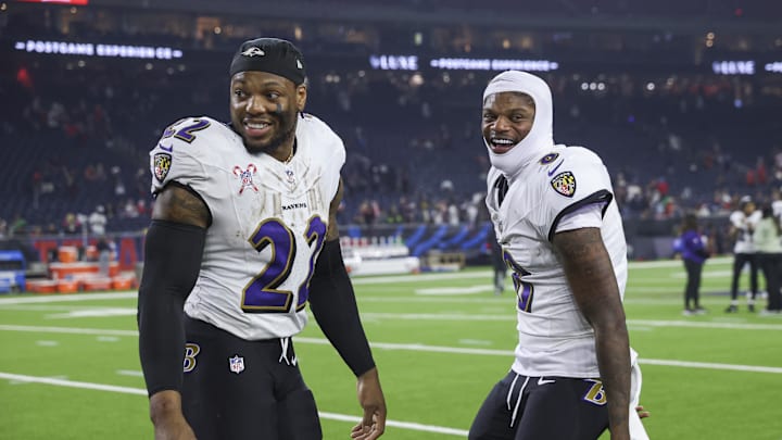 Baltimore Ravens running back Derrick Henry and quarterback Lamar Jackson