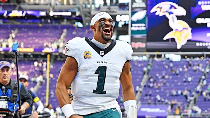 Eagles quarterback Jalen Hurts was fired-up after defeating the Vikings on Sunday. Eagles quarterback Jalen Hurts was fired-up after defeating the Vikings on Sunday.