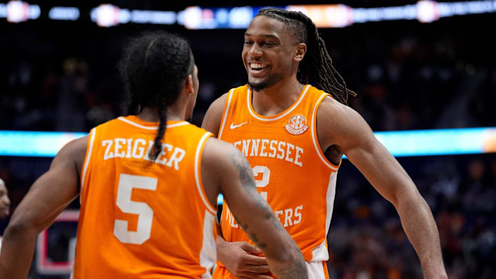 Tennessee guard Chaz Lanier (2) and guard Zakai Zeigler (5) celebrate after their victory against Auburn in a Southeastern Conference tournament semifinal game at Bridgestone Arena in Nashville, Tenn., Saturday, March 15, 2025. Tennessee guard Chaz Lanier (2) and guard Zakai Zeigler (5) celebrate after their victory against Auburn in a Southeastern Conference tournament semifinal game at Bridgestone Arena in Nashville, Tenn., Saturday, March 15, 2025.