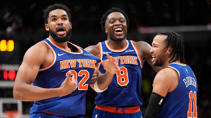 Dec 9, 2024; Toronto, Ontario, CAN; New York Knicks guard Jalen Brunson (11) and forward OG Anunoby (8) react after a three point basket by center Karl-Anthony Towns (32) to clinch a win over the Toronto Raptors during the second half at Scotiabank Arena. Mandatory Credit: John E. Sokolowski-Imagn Images Dec 9, 2024; Toronto, Ontario, CAN; New York Knicks guard Jalen Brunson (11) and forward OG Anunoby (8) react after a three point basket by center Karl-Anthony Towns (32) to clinch a win over the Toronto Raptors during the second half at Scotiabank Arena. Mandatory Credit: John E. Sokolowski-Imagn Images
