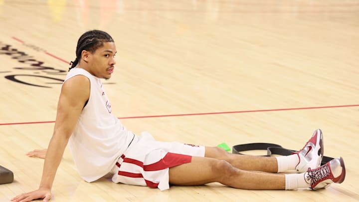 Jan 20, 2026; Fayetteville, Arkansas, USA; Arkansas Razorbacks guard Darius Acuff Jr relaxes prior to the game against the Vanderbilt Commodores at Bud Walton Arena. Mandatory Credit: Nelson Chenault-Imagn Images