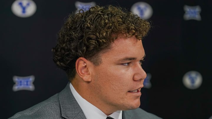 Jul 8, 2025; Frisco, TX, USA; BYU defensive lineman Keanu Tanuvasa answers questions from the media during 2025 Big 12 Football Media Days at The Star. Mandatory Credit: Raymond Carlin III-Imagn Images