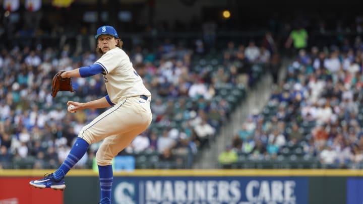 Seattle Mariners starting pitcher Logan Gilbert (36) throws against the Texas Rangers during the first inning at T-Mobile Park on June 16.