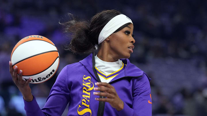 May 16, 2025; San Francisco, California, USA; Los Angeles Sparks forward Rickea Jackson (2) warms up before the game against the Golden State Valkyries at Chase Center. Mandatory Credit: Darren Yamashita-Imagn Images