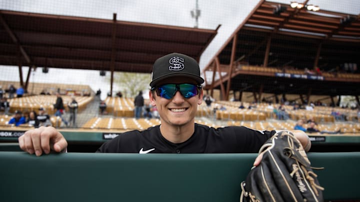 Chicago White Sox infielder Colson Montgomery against the Cleveland Guardians during a spring training game at Camelback Ranch-Glendale in 2023. Chicago White Sox infielder Colson Montgomery against the Cleveland Guardians during a spring training game at Camelback Ranch-Glendale in 2023.