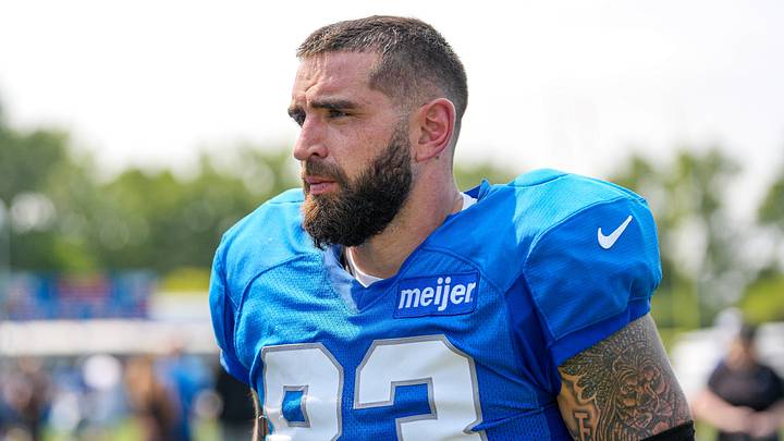 Detroit Lions tight end Tyler Conklin (72) walks off the field after practice during training camp at Meijer Performance Center in Allen Park on Monday, August 10, 2026.
