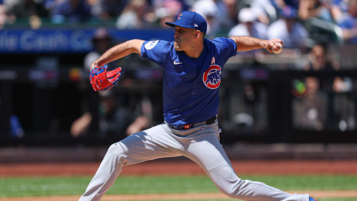 Chicago Cubs starting pitcher Matthew Boyd (16) delivers a pitch during the first inning against the New York Mets.
