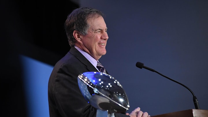 Feb 6, 2017; Houston, TX, USA; New England Patriots coach Bill Belichick speaks during the Super Bowl LI winning team press conference flanked by the Lombardi Trophy at the George R. Brown Convention Center. Mandatory Credit: Kirby Lee-Imagn Images Feb 6, 2017; Houston, TX, USA; New England Patriots coach Bill Belichick speaks during the Super Bowl LI winning team press conference flanked by the Lombardi Trophy at the George R. Brown Convention Center. Mandatory Credit: Kirby Lee-Imagn Images
