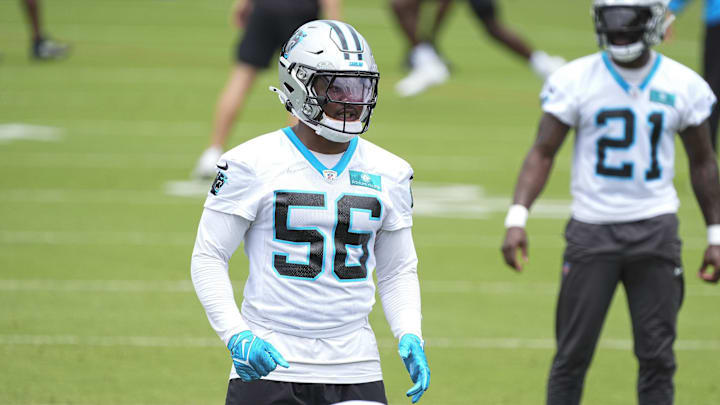 Carolina Panthers linebacker Trevin Wallace (56) learned his work ethic during early morning shifts as a McDonald's employee during his high school football career at Georgia's Wayne County/