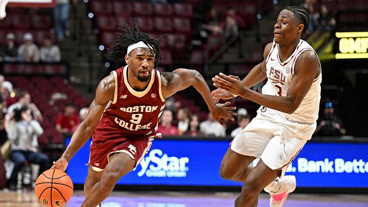 Feb 17, 2026; Tallahassee, Florida, USA; Boston College Eagles guard Chase Forte (9) drives the ball up the court past Florida State Seminoles forward Thomas Bassong (3) during the first half at Donald L. Tucker Center. Mandatory Credit: Melina Myers-Imagn Images Feb 17, 2026; Tallahassee, Florida, USA; Boston College Eagles guard Chase Forte (9) drives the ball up the court past Florida State Seminoles forward Thomas Bassong (3) during the first half at Donald L. Tucker Center. Mandatory Credit: Melina Myers-Imagn Images