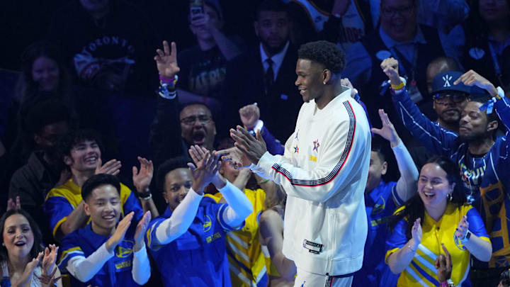 Kenny's Young Stars guard Anthony Edwards of the Minnesota Timberwolves during introductions before the NBA All-Star Game at Chase Center in San Francisco on Feb. 16, 2025. Kenny's Young Stars guard Anthony Edwards of the Minnesota Timberwolves during introductions before the NBA All-Star Game at Chase Center in San Francisco on Feb. 16, 2025.
