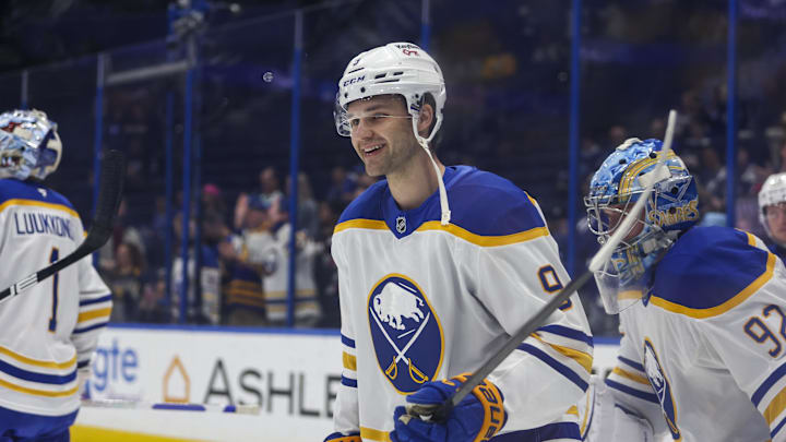 Feb 28, 2026; Tampa, Florida, USA; Buffalo Sabres forward Josh Norris (9) before the game against the Tampa Bay Lightning at Benchmark International Arena. Mandatory Credit: Morgan Tencza-Imagn Images
