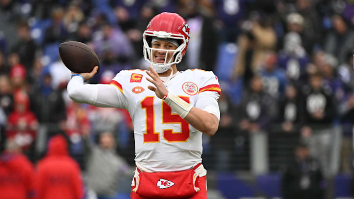 Jan 28, 2024; Baltimore, Maryland, USA; Kansas City Chiefs quarterback Patrick Mahomes (15) warms up