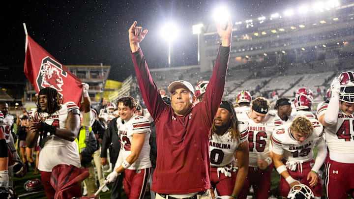 South Carolina Gamecocks head coach Shane Beamer and his team celebrate the win with their fans against the Vanderbilt Commodores during the second half at FirstBank Stadium. 