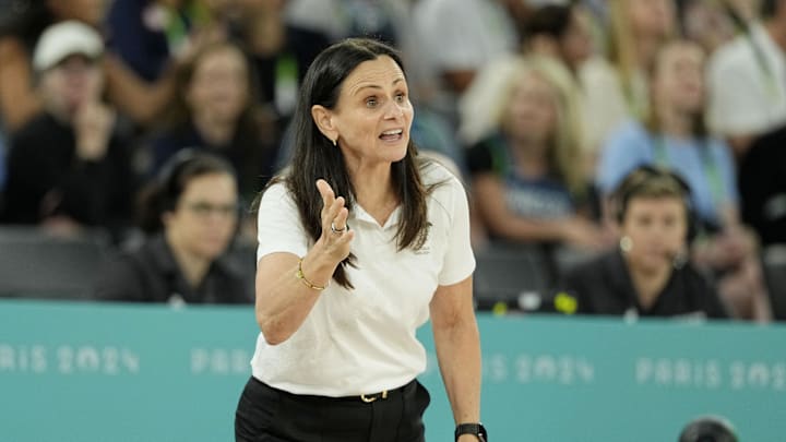 Aug 7, 2024; Paris, France; Australia head coach Sandy Brondello directs players against Serbia during the Paris 2024 Olympic Summer Games at Accor Arena. Mandatory Credit: Kyle Terada-Imagn Images