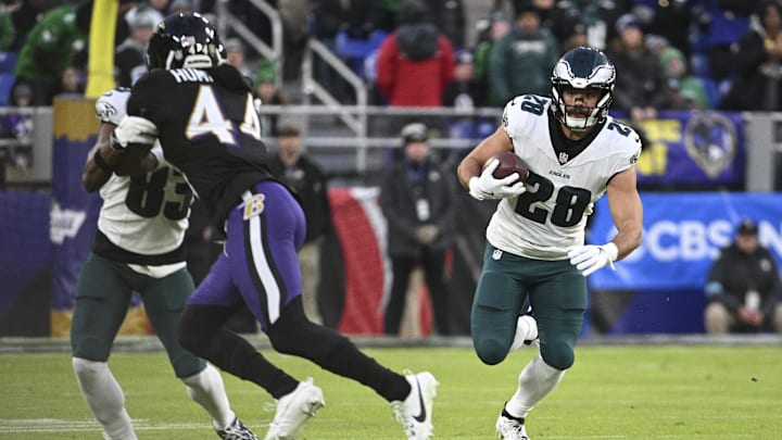 Dec 1, 2024; Baltimore, Maryland, USA; Philadelphia Eagles running back Will Shipley (28) runs after a first quarter reception at M&T Bank Stadium. Mandatory Credit: Tommy Gilligan-Imagn Images Dec 1, 2024; Baltimore, Maryland, USA; Philadelphia Eagles running back Will Shipley (28) runs after a first quarter reception at M&T Bank Stadium. Mandatory Credit: Tommy Gilligan-Imagn Images