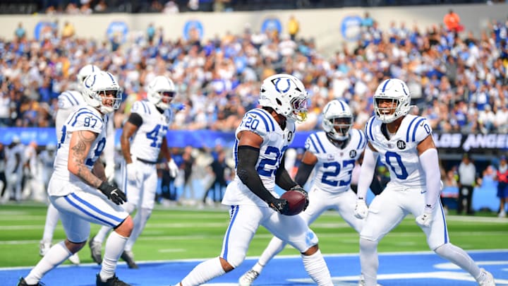 Oct 19, 2025; Inglewood, California, USA; Indianapolis Colts safety Nick Cross (20) celebrates an interception against the Los Angeles Chargers in the first half at SoFi Stadium. Mandatory Credit: Gary A. Vasquez-Imagn Images