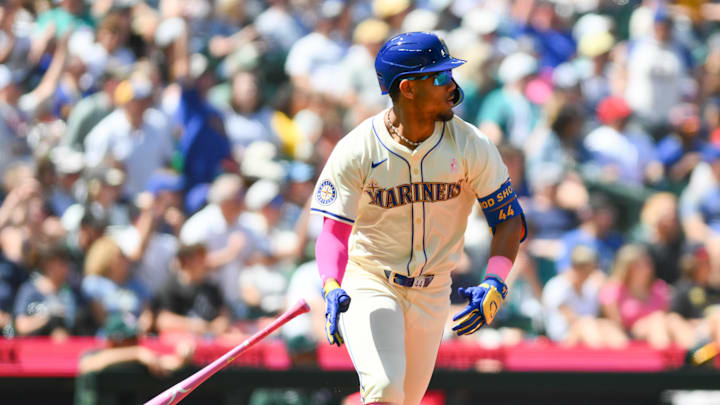 May 12, 2024; Seattle, Washington, USA; Seattle Mariners center fielder Julio Rodriguez (44) runs towards first base after hitting a double against the Oakland Athletics during the fifth inning at T-Mobile Park. Mandatory Credit: Steven Bisig-USA TODAY Sports May 12, 2024; Seattle, Washington, USA; Seattle Mariners center fielder Julio Rodriguez (44) runs towards first base after hitting a double against the Oakland Athletics during the fifth inning at T-Mobile Park. Mandatory Credit: Steven Bisig-USA TODAY Sports