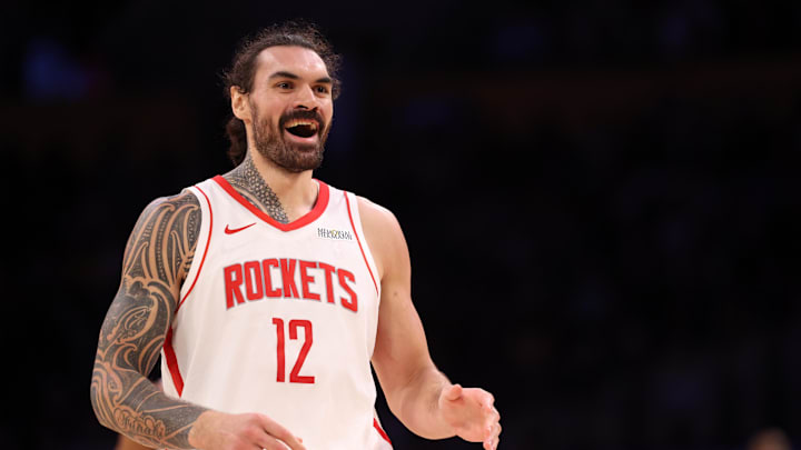 Houston Rockets center Steven Adams reacts to a play during the third quarter against the Los Angeles Lakers. Houston Rockets center Steven Adams reacts to a play during the third quarter against the Los Angeles Lakers.