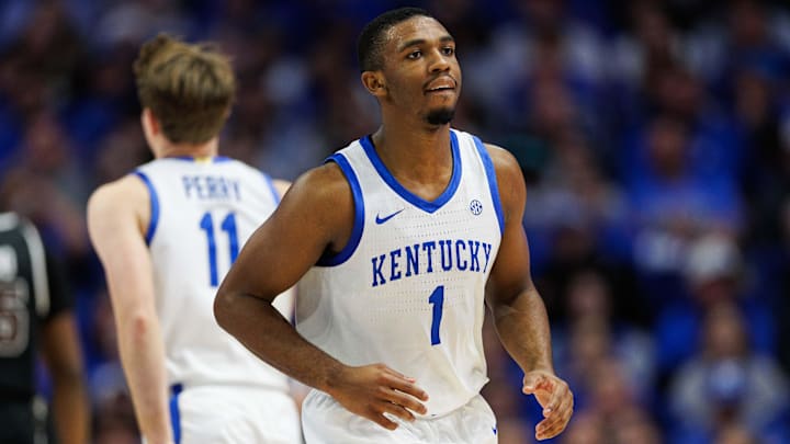 Dec 31, 2024; Lexington, Kentucky, USA; Kentucky Wildcats guard Lamont Butler (1) returns to the bench during the second half against the Brown Bears at Rupp Arena at Central Bank Center. Mandatory Credit: Jordan Prather-Imagn Images