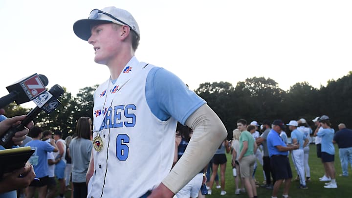 Southside Christian played Latta High School on Tuesday, May 21, 2024. This was the second game of the Class A high school state baseball championship series. Southside Christian won the game 13-3 and took the state title. Southside Christian's Carson Bolemon (6) talks to the media about the game.