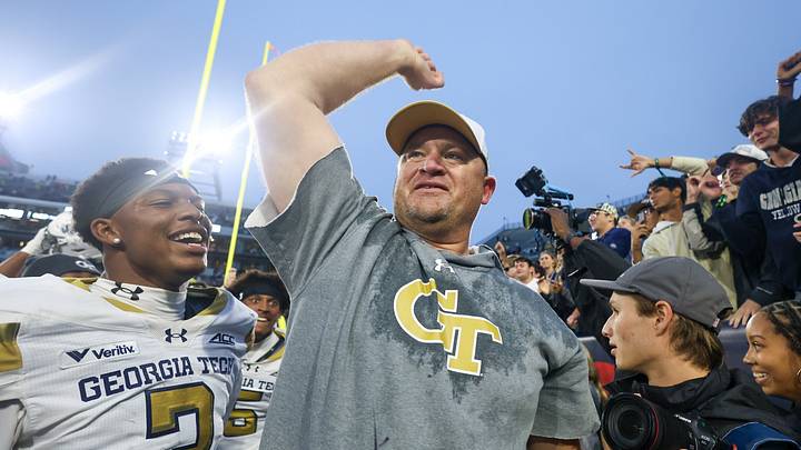Oct 10, 2026; Atlanta, Georgia, USA; Georgia Tech Yellow Jackets head coach Brent Key celebrates after a victory over the Duke Blue Devils at Bobby Dodd Stadium at Hyundai Field. Mandatory Credit: Brett Davis-Imagn Images