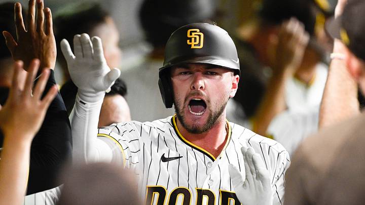 Aug 10, 2026; San Diego, California, USA; San Diego Padres center fielder Jackson Merrill (3) is congratulated after hitting a two-run home run during the seventh inning against the Milwaukee Brewers at Petco Park. Mandatory Credit: Denis Poroy-Imagn Images Aug 10, 2026; San Diego, California, USA; San Diego Padres center fielder Jackson Merrill (3) is congratulated after hitting a two-run home run during the seventh inning against the Milwaukee Brewers at Petco Park. Mandatory Credit: Denis Poroy-Imagn Images