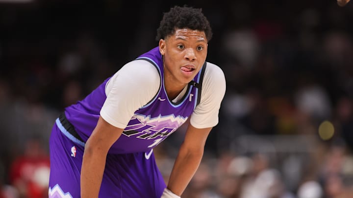 Feb 5, 2026; Atlanta, Georgia, USA; Utah Jazz guard Ace Bailey (19) in action against the Atlanta Hawks in the third quarter at State Farm Arena. Mandatory Credit: Brett Davis-Imagn Images
