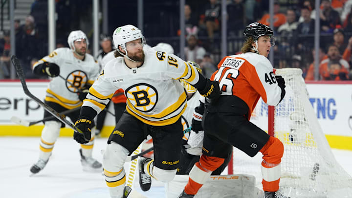 Apr 5, 2026; Philadelphia, Pennsylvania, USA; Boston Bruins center Pavel Zacha (18) skates against Philadelphia Flyers center Trevor Zegras (46) in the third period at Xfinity Mobile Arena. Mandatory Credit: Kyle Ross-Imagn Images