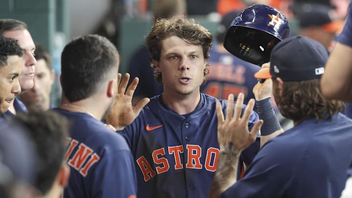 May 25, 2025; Houston, Texas, USA; Houston Astros center fielder Jake Meyers (6) celebrates with teammates after scoring a run during the sixth inning against the Seattle Mariners at Daikin Park