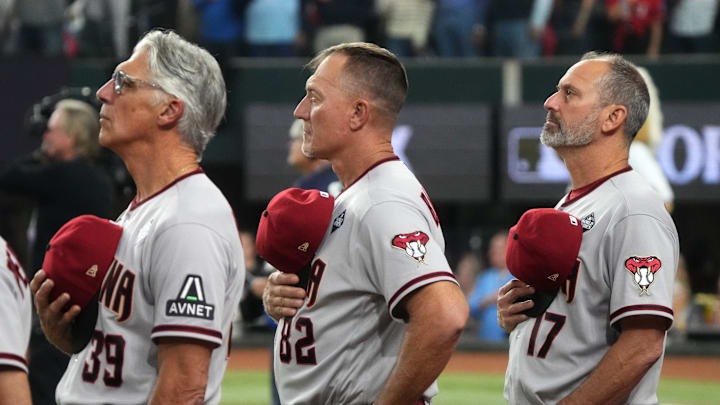 Arizona Diamondbacks manager Torey Lovullo (17) and bench coach Jeff Banister (82) look on before game two of the 2023 World Series against the Texas Rangers at Globe Life Field on Oct. 28, 2023, Arlington, Texas.