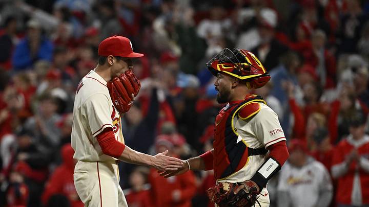 May 2, 2026; St. Louis, Missouri, USA; St. Louis Cardinals relief pitcher Riley O'Brien (61) and St. Louis Cardinals catcher Ivan Herrera (48) celebrate after beating the Los Angeles Dodgers at Busch Stadium. Mandatory Credit: Joe Puetz-Imagn Images
