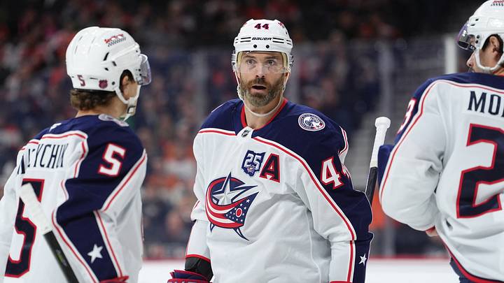 Mar 24, 2026; Philadelphia, Pennsylvania, USA; Columbus Blue Jackets defenseman Erik Gudbranson (44) reacts against the Philadelphia Flyers in the first period at Xfinity Mobile Arena. Mandatory Credit: Kyle Ross-Imagn Images Mar 24, 2026; Philadelphia, Pennsylvania, USA; Columbus Blue Jackets defenseman Erik Gudbranson (44) reacts against the Philadelphia Flyers in the first period at Xfinity Mobile Arena. Mandatory Credit: Kyle Ross-Imagn Images